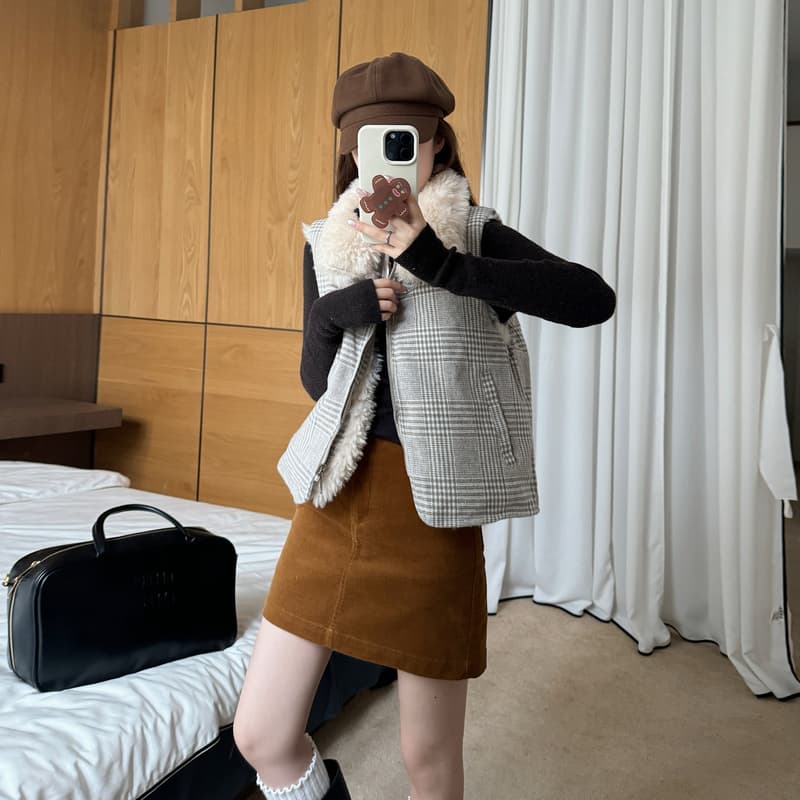 가을 겨울 새로운 양면 착용 천 그리드 버드 폴로 칼라 플리스 면 옷 베스트 조끼 여성 짧은 보온 한 부서 재킷 이미지 3