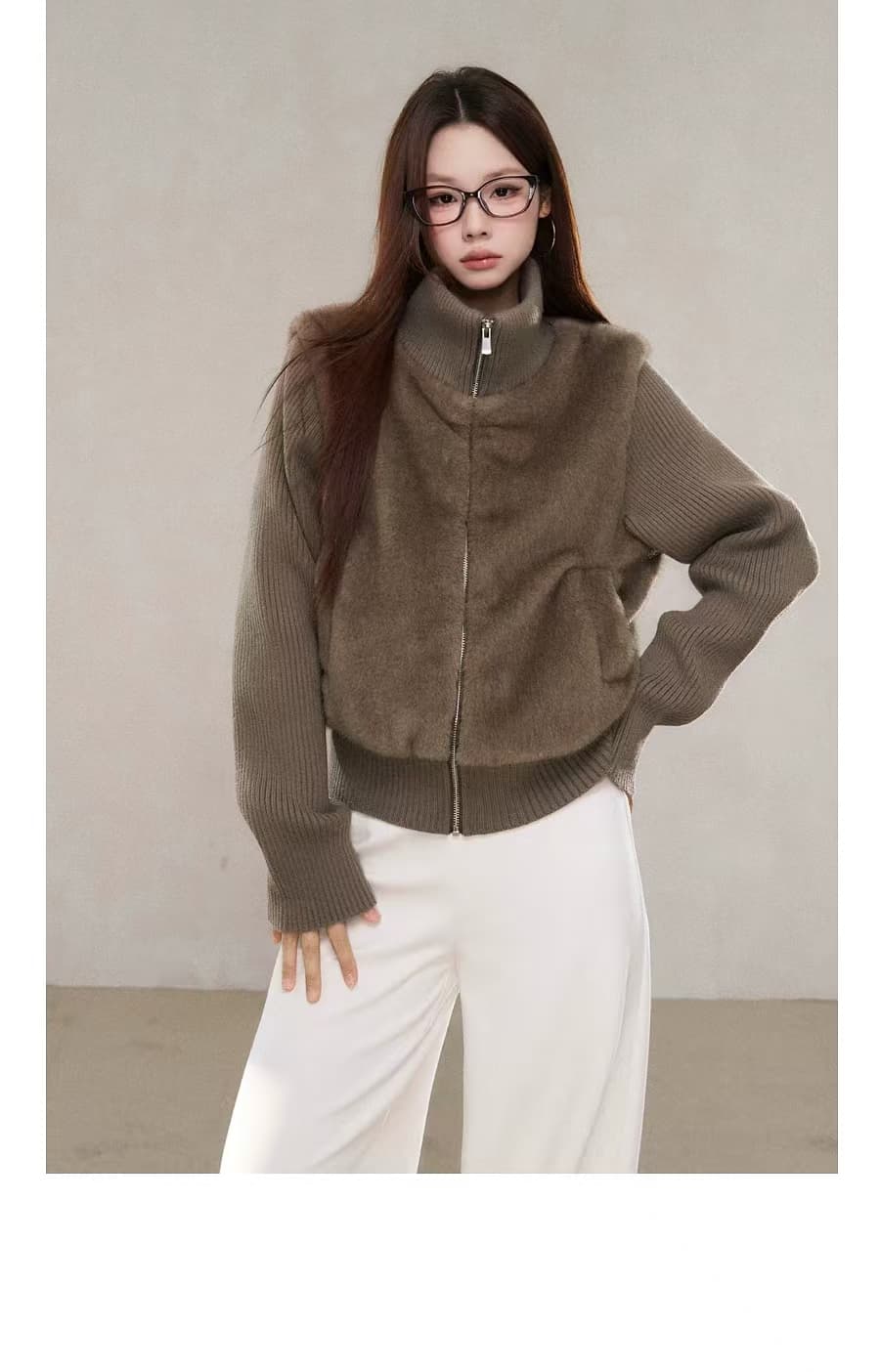 하나 오노 라스베리 모피 니트 패치워크 여성 코트 2026 년 가을 겨울 패션 고급 센스 작은 대중 한 첨부 된 의류 이미지 4