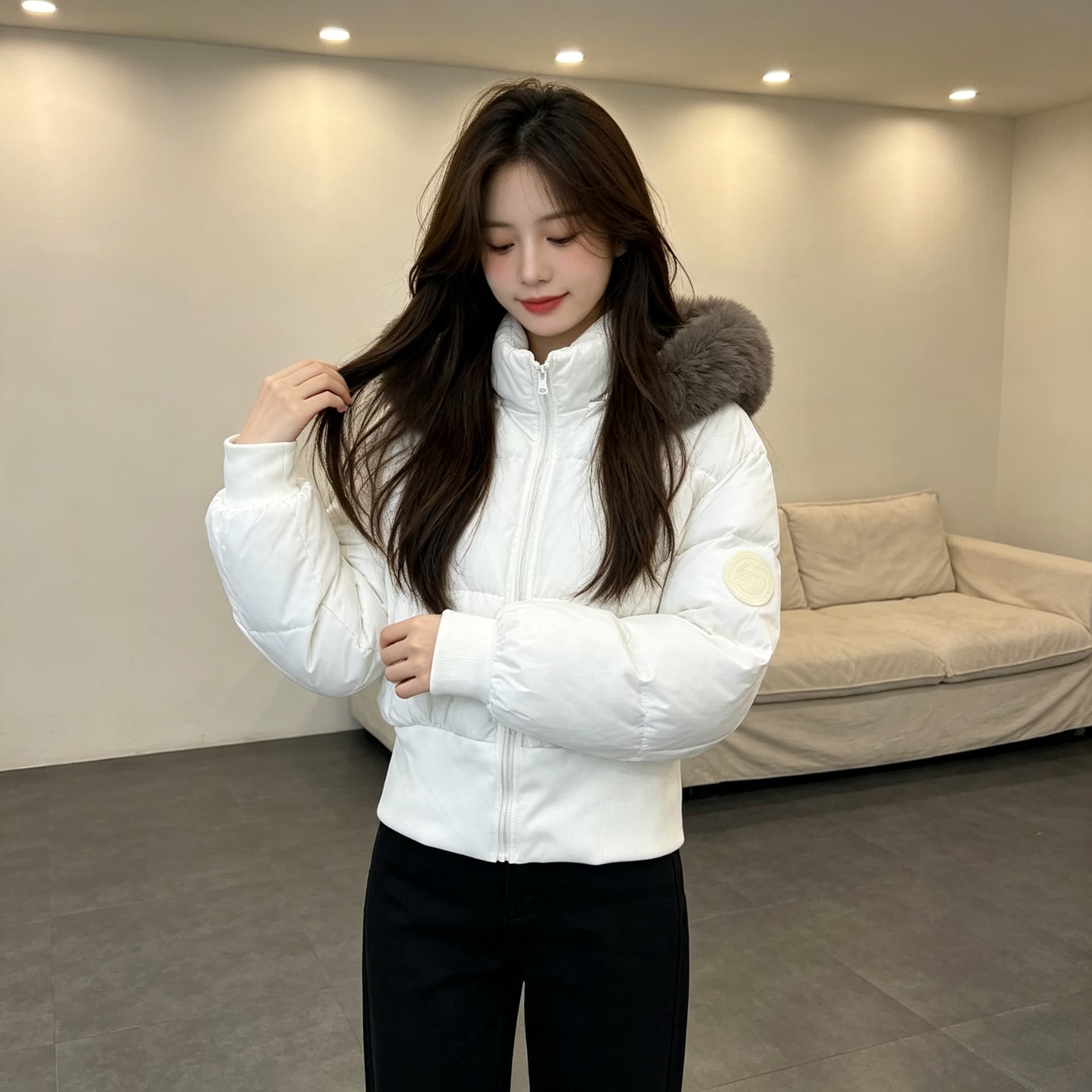 큰 모피 칼라 후드 두꺼운 보온 방한 루즈핏 빅 사이즈 작은 키 면 의류 여성 코트 디자인 센스 빛 럭셔리 목화 진딧물 이미지 4