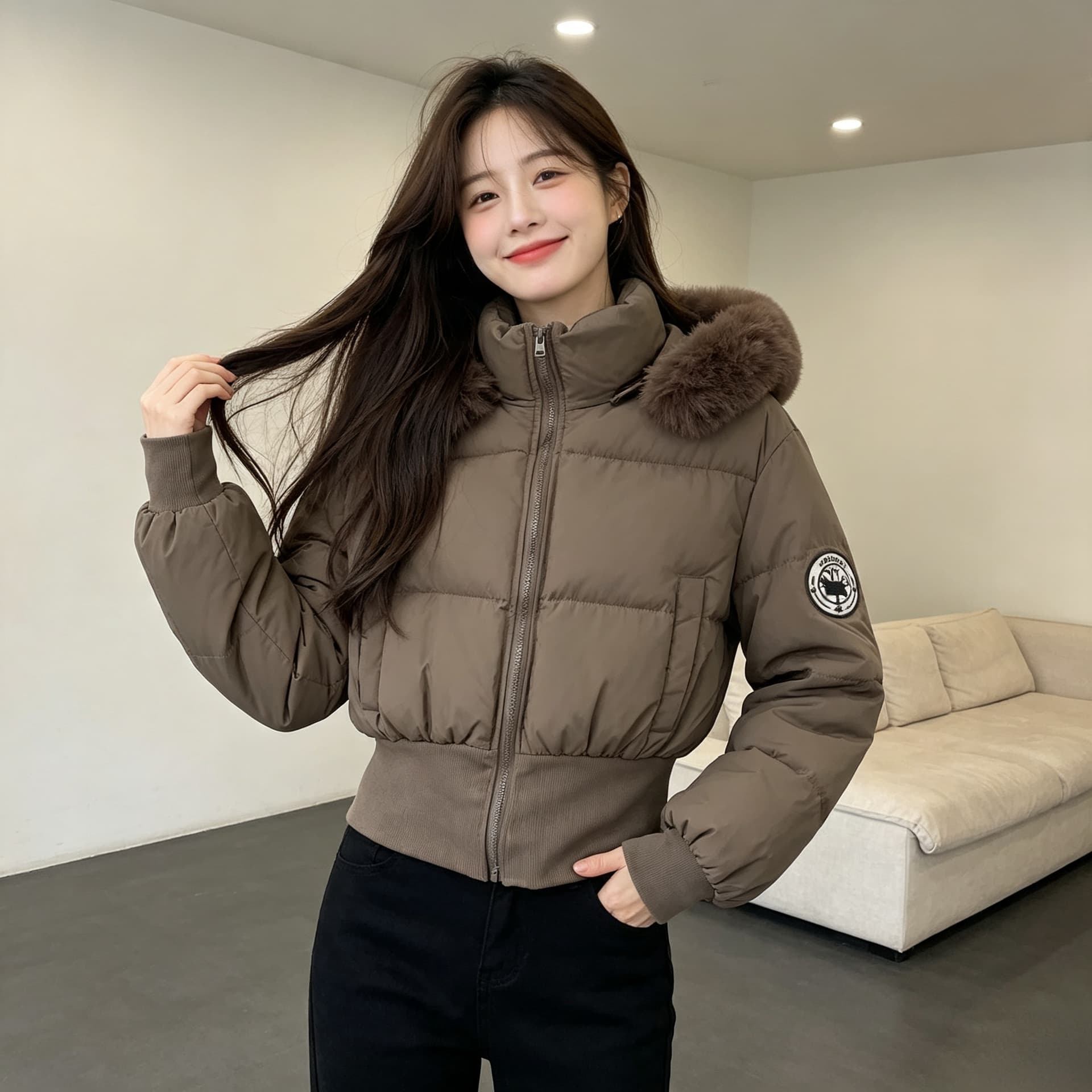 큰 모피 칼라 후드 두꺼운 보온 방한 루즈핏 빅 사이즈 작은 키 면 의류 여성 코트 디자인 센스 빛 럭셔리 목화 진딧물 상세 이미지 6