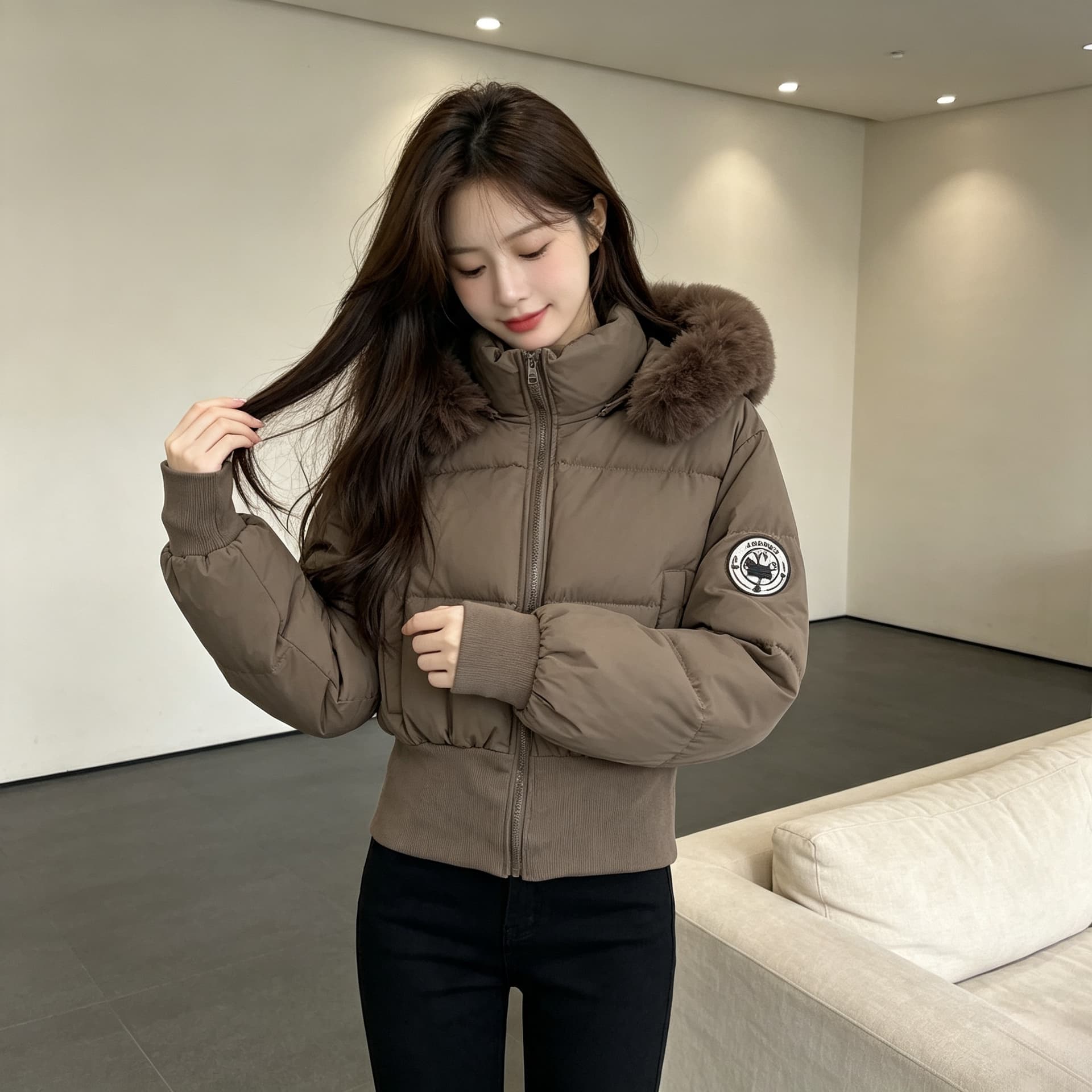 큰 모피 칼라 후드 두꺼운 보온 방한 루즈핏 빅 사이즈 작은 키 면 의류 여성 코트 디자인 센스 빛 럭셔리 목화 진딧물 상세 이미지 7