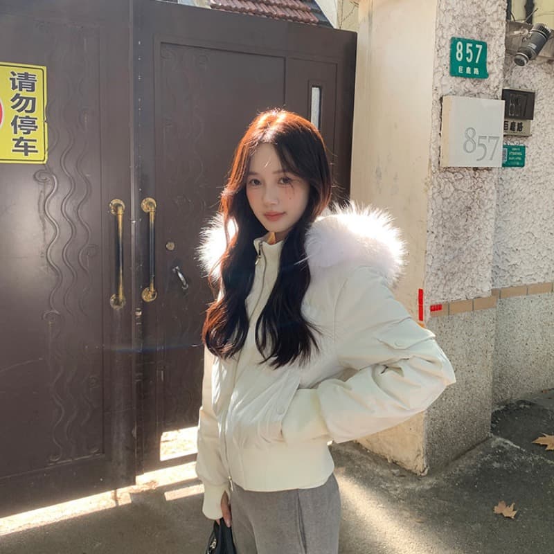 작은 마을 산산 2026 겨울 새로운 시뮬레이션 전갈 모피 칼라 면 의류 여성 방풍 쇼트 스타일 후드 작은 키 재킷 이미지 5