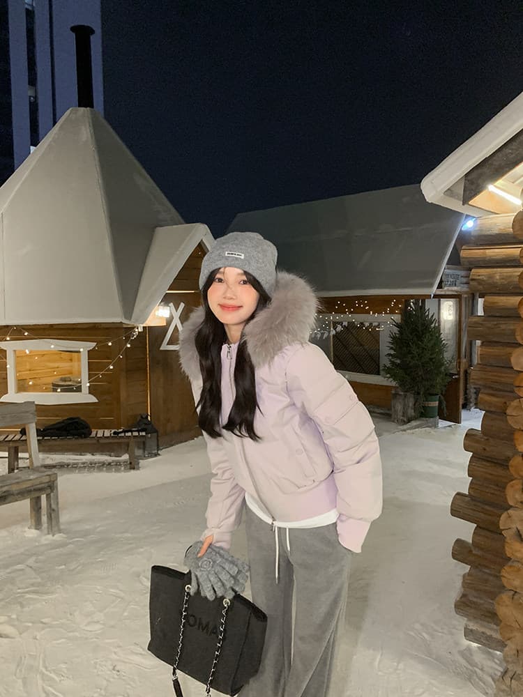 작은 마을 산산 2026 겨울 새로운 시뮬레이션 전갈 모피 칼라 면 의류 여성 방풍 쇼트 스타일 후드 작은 키 재킷 상세 이미지 3