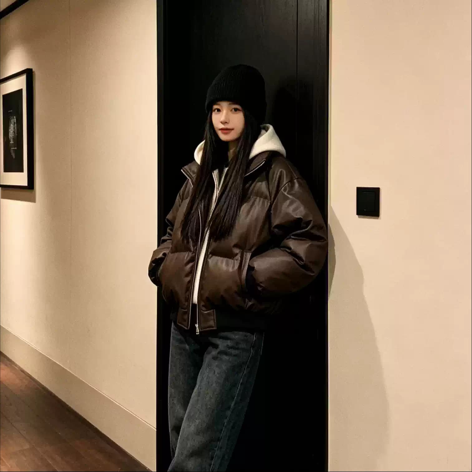 여성 가을 겨울 아래 면화 의류 페이크 레이어드 쇼트 스타일 재킷 패션 연령 감소 후드 두꺼운 보온 작은 키 목화 진딧물 이미지 2