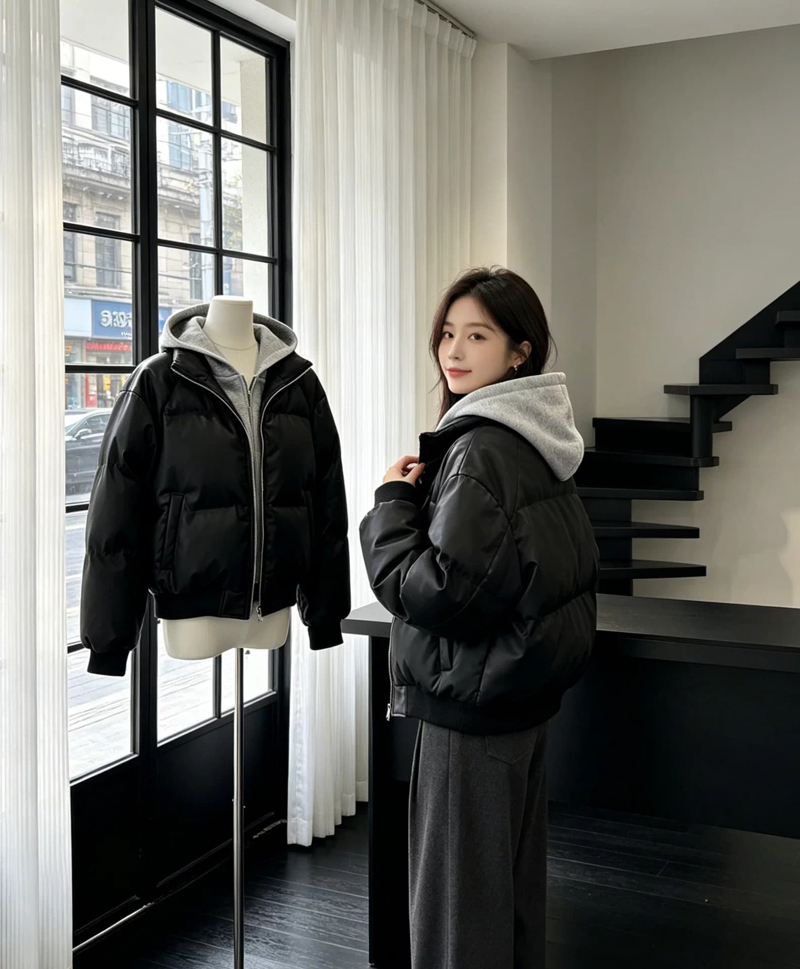 여성 가을 겨울 아래 면화 의류 페이크 레이어드 쇼트 스타일 재킷 패션 연령 감소 후드 두꺼운 보온 작은 키 목화 진딧물 상세 이미지 9