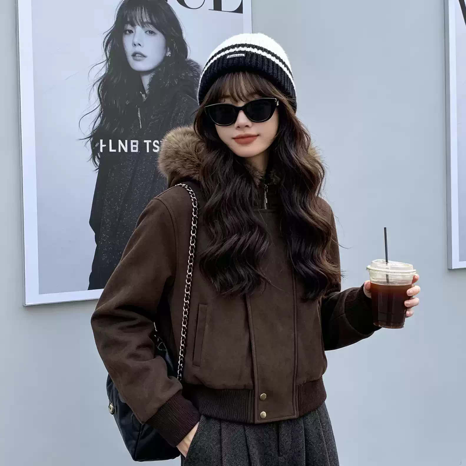 큰 모피 칼라 한 부서 비스듬한 문 襟 패션 쇼트 스타일 아래 면화 의류 여성 겨울 두꺼운 보온 작은 키 후드 재킷