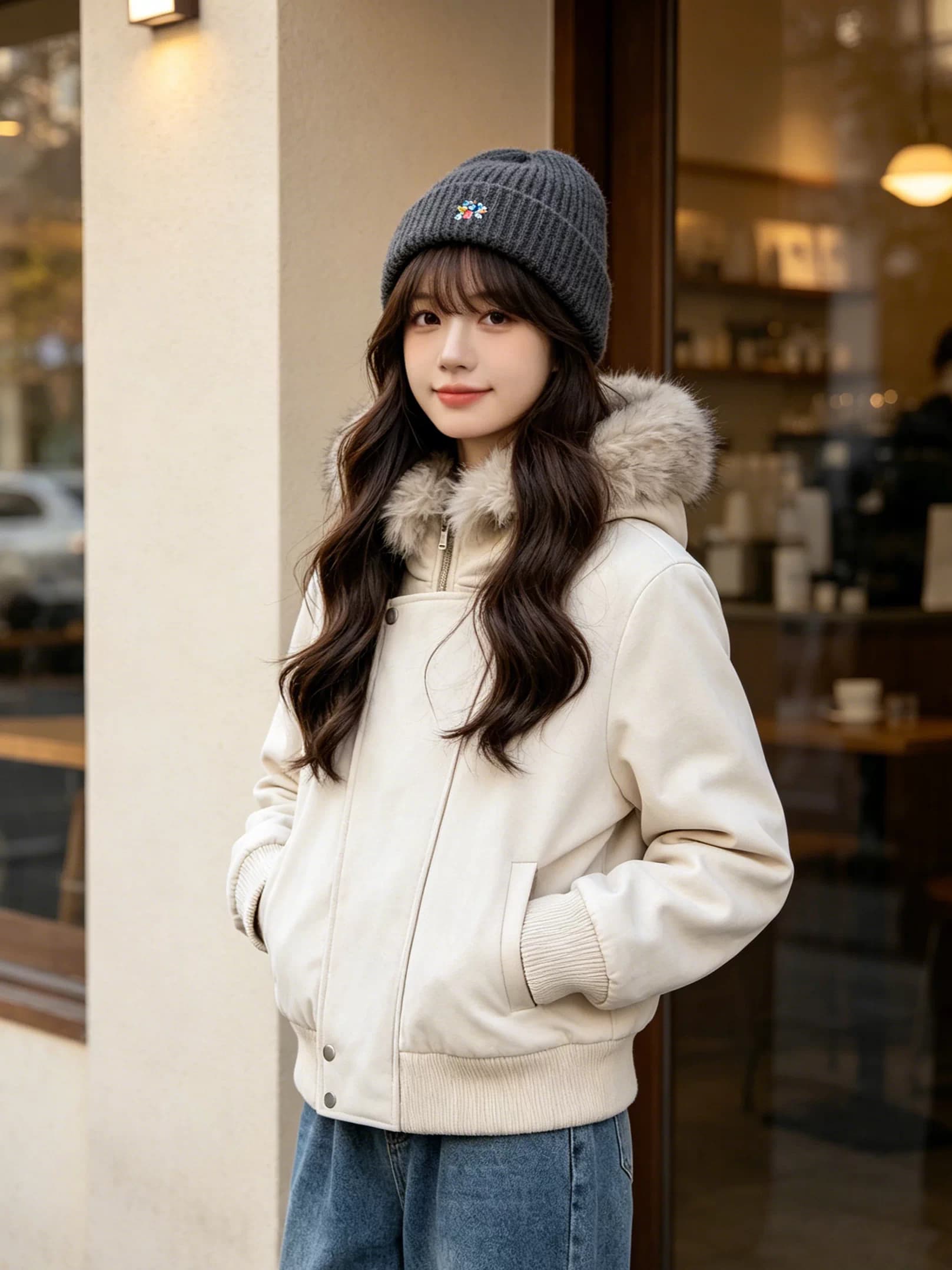 큰 모피 칼라 한 부서 비스듬한 문 襟 패션 쇼트 스타일 아래 면화 의류 여성 겨울 두꺼운 보온 작은 키 후드 재킷 상세 이미지 2