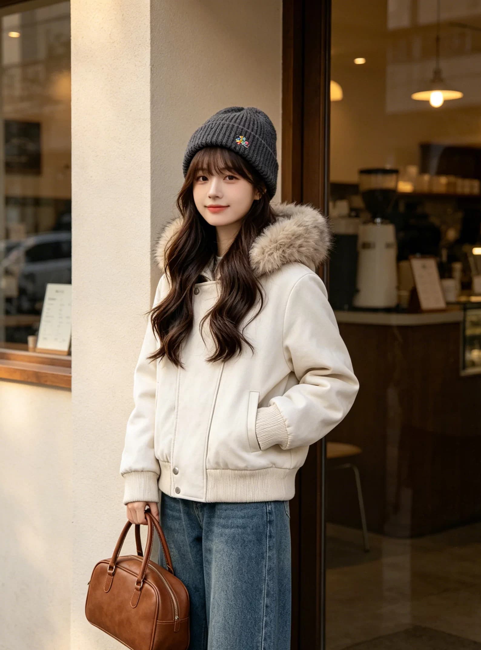 큰 모피 칼라 한 부서 비스듬한 문 襟 패션 쇼트 스타일 아래 면화 의류 여성 겨울 두꺼운 보온 작은 키 후드 재킷 상세 이미지 4