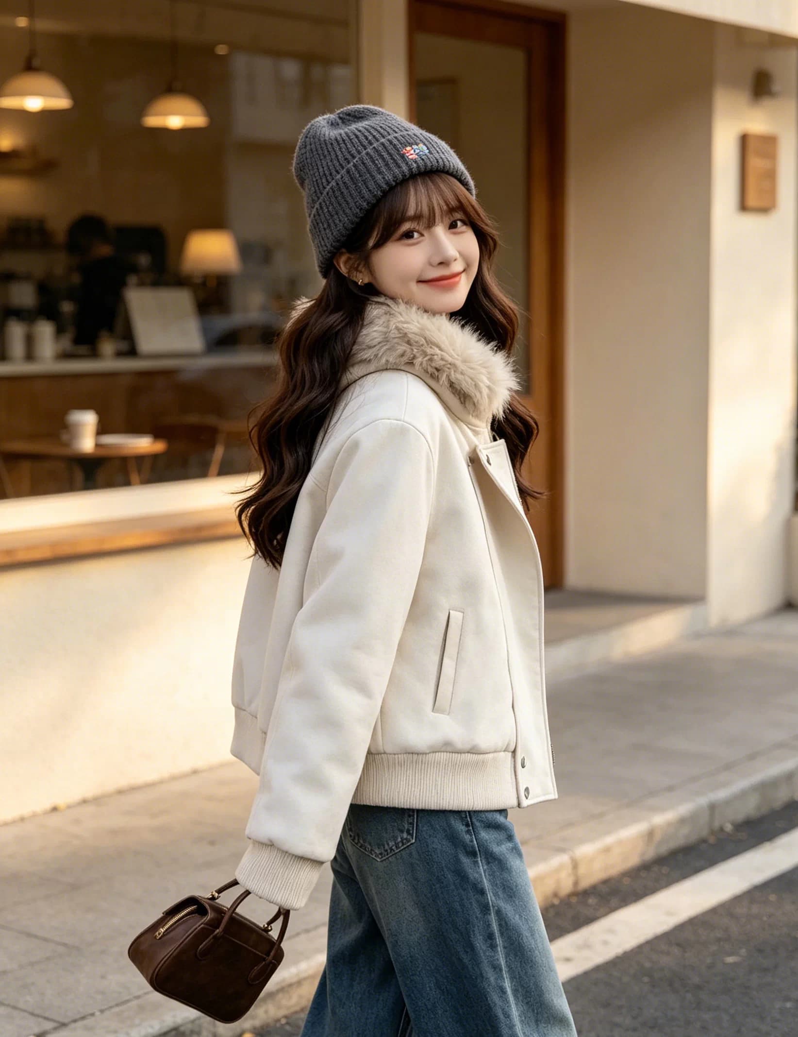 큰 모피 칼라 한 부서 비스듬한 문 襟 패션 쇼트 스타일 아래 면화 의류 여성 겨울 두꺼운 보온 작은 키 후드 재킷 상세 이미지 9