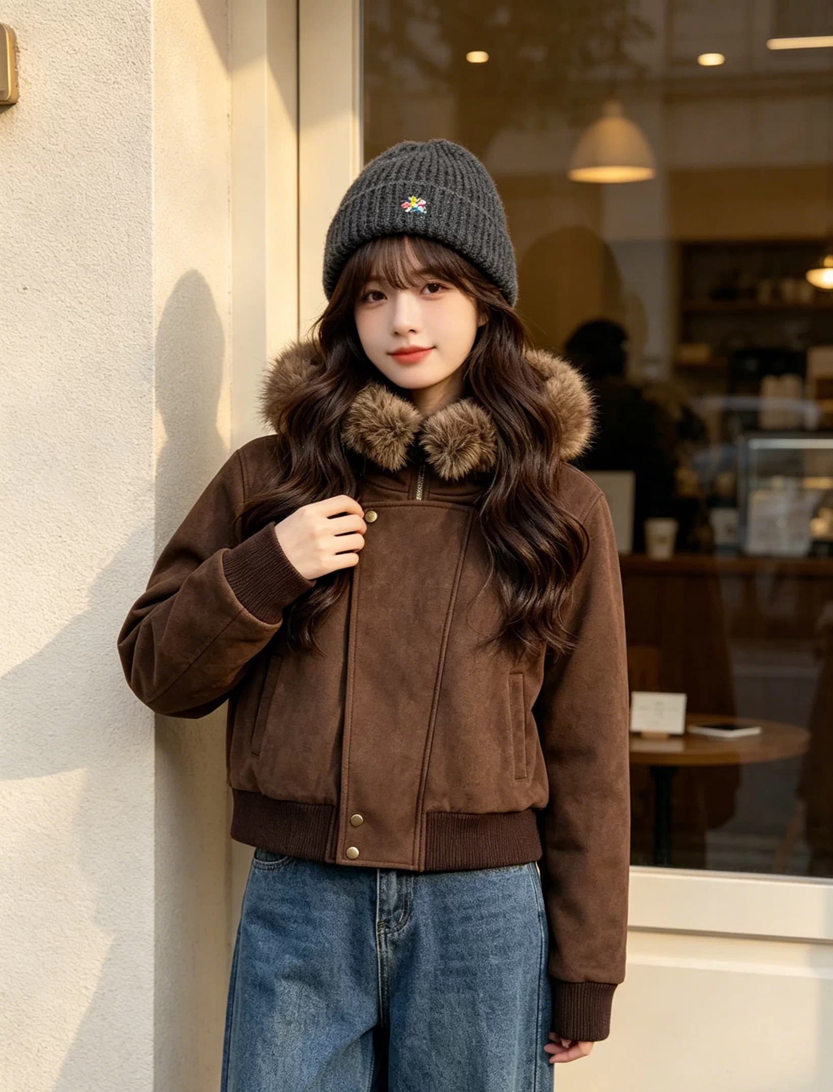 큰 모피 칼라 한 부서 비스듬한 문 襟 패션 쇼트 스타일 아래 면화 의류 여성 겨울 두꺼운 보온 작은 키 후드 재킷 상세 이미지 10