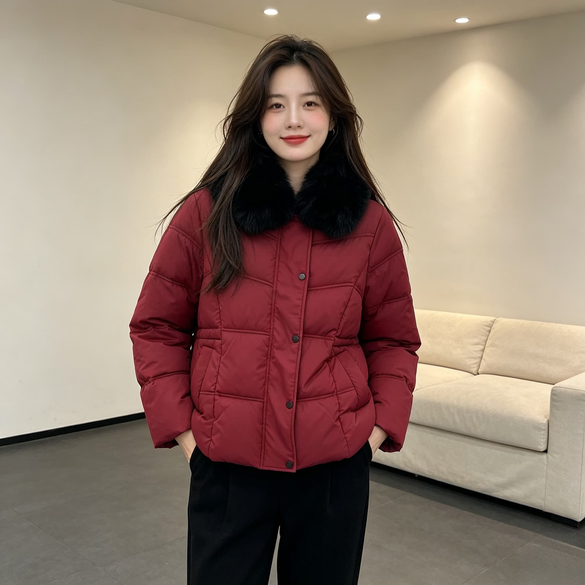 큰 모피 칼라 품격 폴로 칼라 허리 수축 슬림해 보이는 작은 키 연령 감소 면 의류 여성 코트 두꺼운 보온 루즈핏 빅 사이즈 트렌디 상세 이미지 9