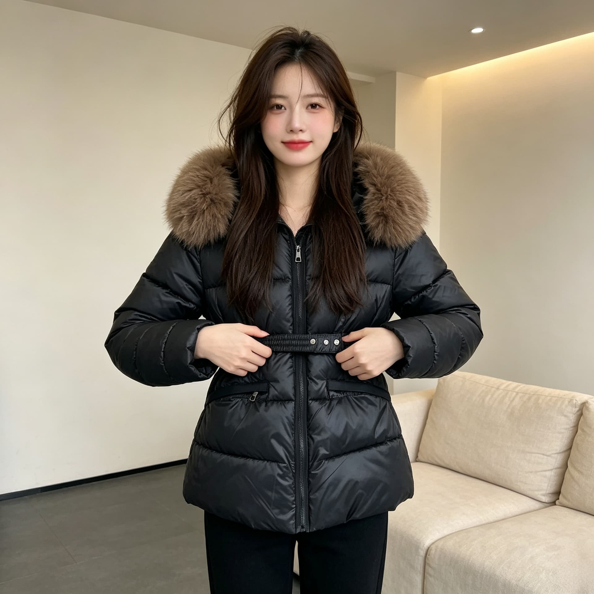 유럽 상품 큰 모피 칼라 두꺼운 보온 후드 루즈핏 빅 사이즈 작은 키 면 의류 여성 코트 외국 가스 허리 수축 품격 트렌디 상세 이미지 7