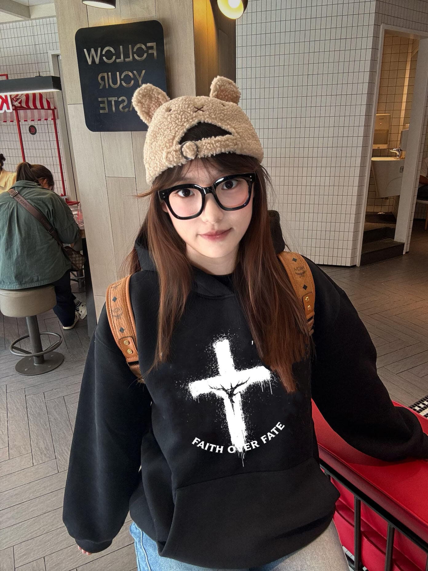 후아 면 복합 없음 모자 로프 있음 주머니 후드 티 스웨터 여성 프린트 얇은 스타일 털이 있는 이미지 2