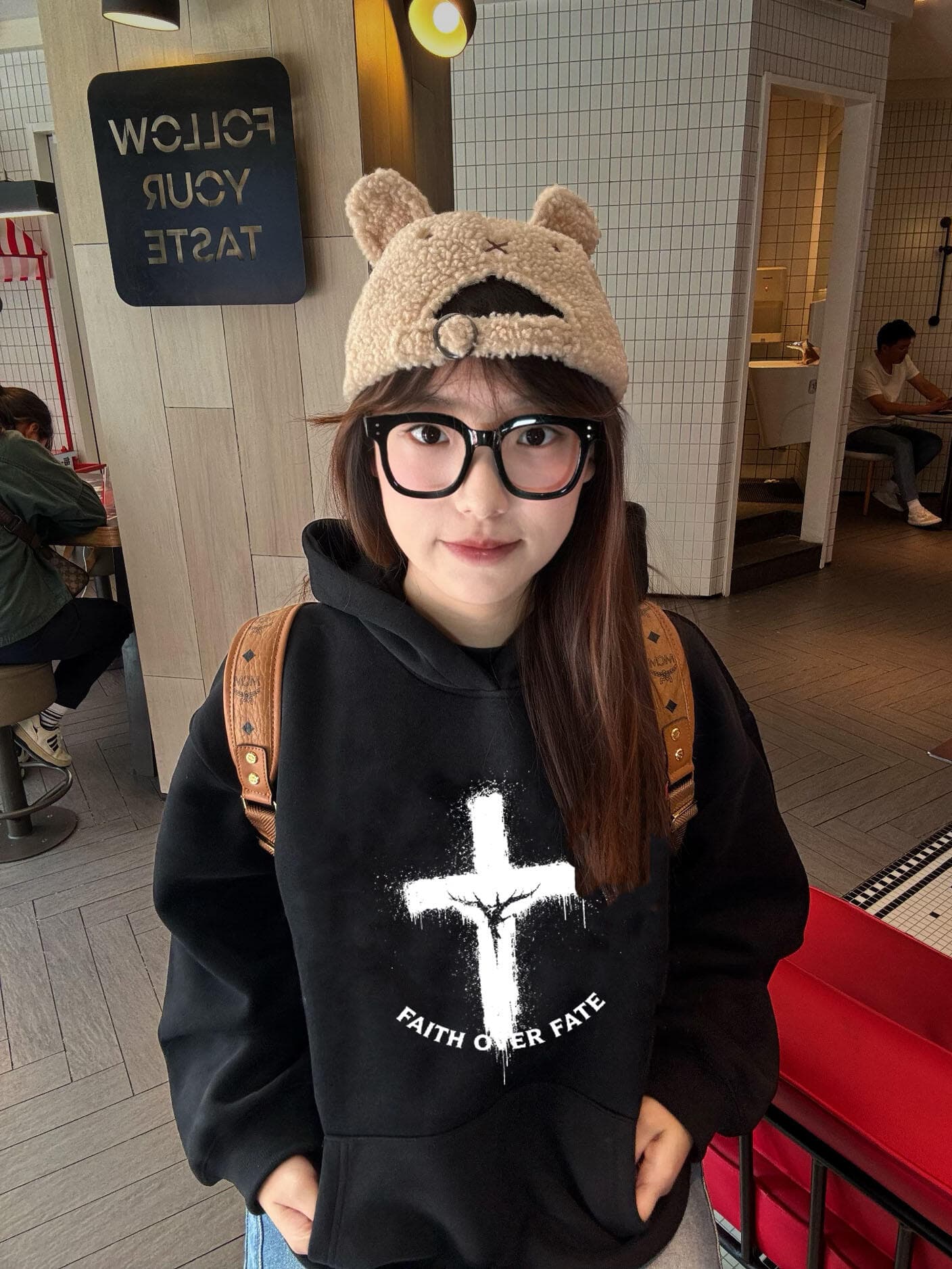 후아 면 복합 없음 모자 로프 있음 주머니 후드 티 스웨터 여성 프린트 얇은 스타일 털이 있는 이미지 4