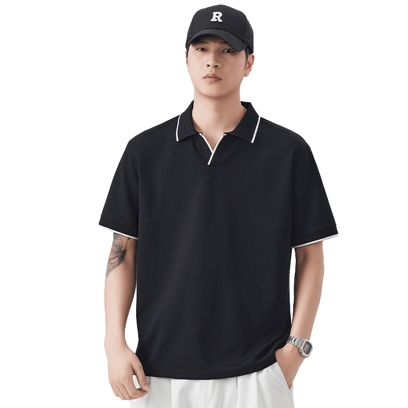 2026 새로운 빛 럭셔리 단색 모달 젤리 면 반팔 헨리 칼라 남자 POLO 셔츠 맞춤 에디션 오래된 돈 바람 이미지 5