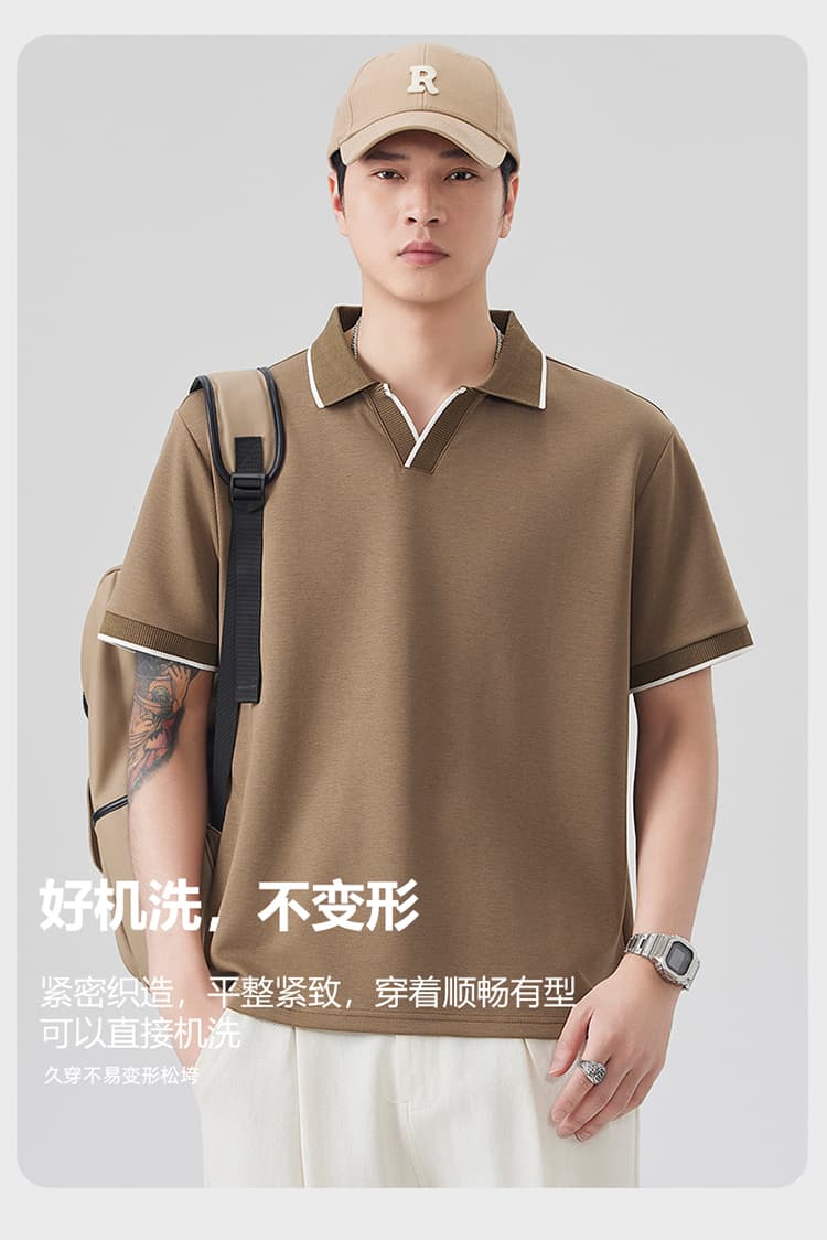 2026 새로운 빛 럭셔리 단색 모달 젤리 면 반팔 헨리 칼라 남자 POLO 셔츠 맞춤 에디션 오래된 돈 바람 상세 이미지 12