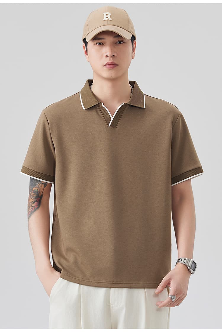 2026 새로운 빛 럭셔리 단색 모달 젤리 면 반팔 헨리 칼라 남자 POLO 셔츠 맞춤 에디션 오래된 돈 바람 상세 이미지 21