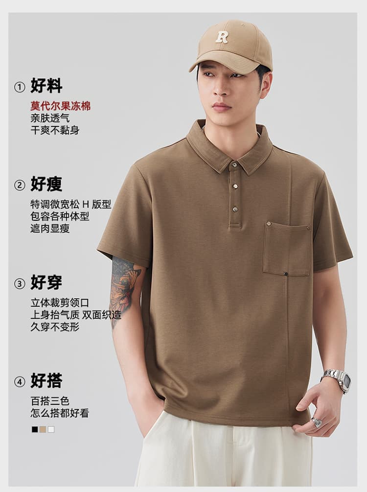 2026 새로운 빛 럭셔리 패치워크 금속 차가운 센스 모달 젤리 면 반팔 폴로 칼라 남자 POLO 셔츠 주머니 상세 이미지 1