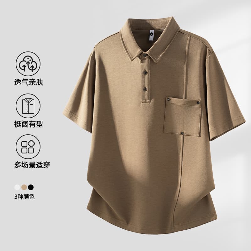 2026 새로운 빛 럭셔리 패치워크 금속 차가운 센스 모달 젤리 면 반팔 폴로 칼라 남자 POLO 셔츠 주머니 이미지 2