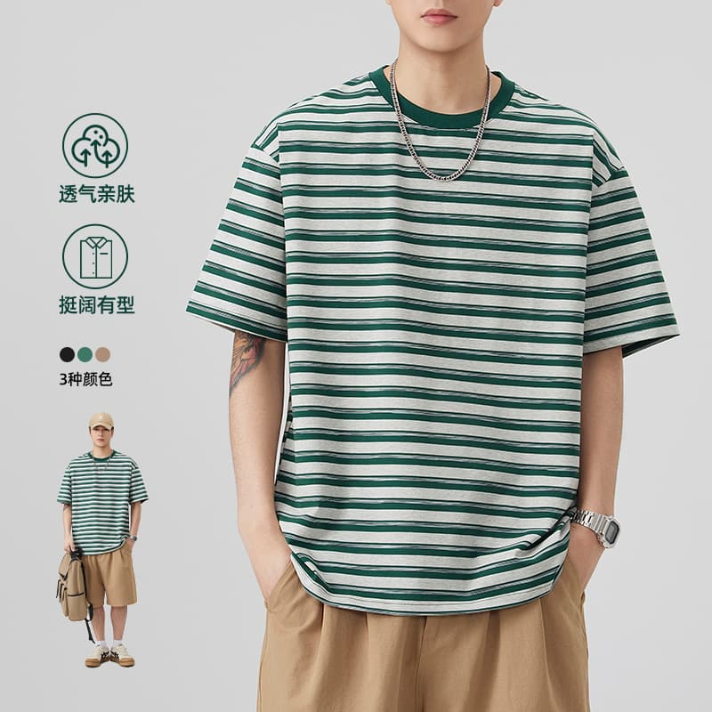 2026 여름 새로운 색상 실 스트라이프 루즈핏 반팔 라운드 넥 맨위 청소년 반소매 차가운 센스 당겨 프레임 티셔츠