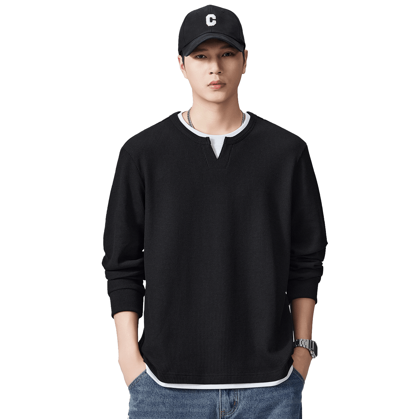 2026 가을 겨울 남성 후드티 페이크 레이어드 후아 남편 그리드 라운드 넥 자카드 체크무늬 긴팔 티셔츠 페이크 레이어드 맨위 이미지 3