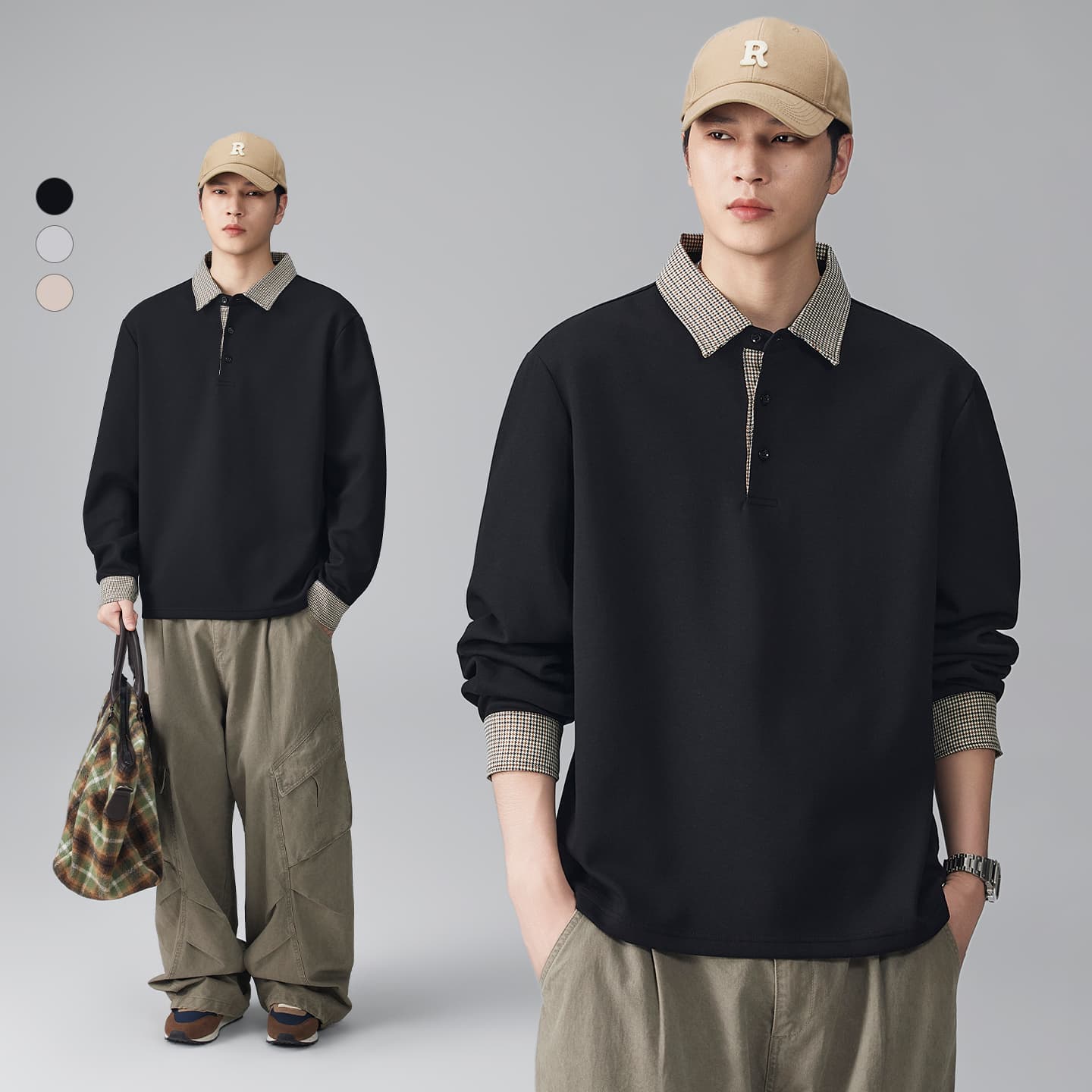 2026 가을 겨울 남성 페이크 레이어드 하운드투스 체크 패치워크 긴팔 POLO 셔츠 티셔츠 수천 마리 곡물 폴로 칼라 맨위 이미지 5