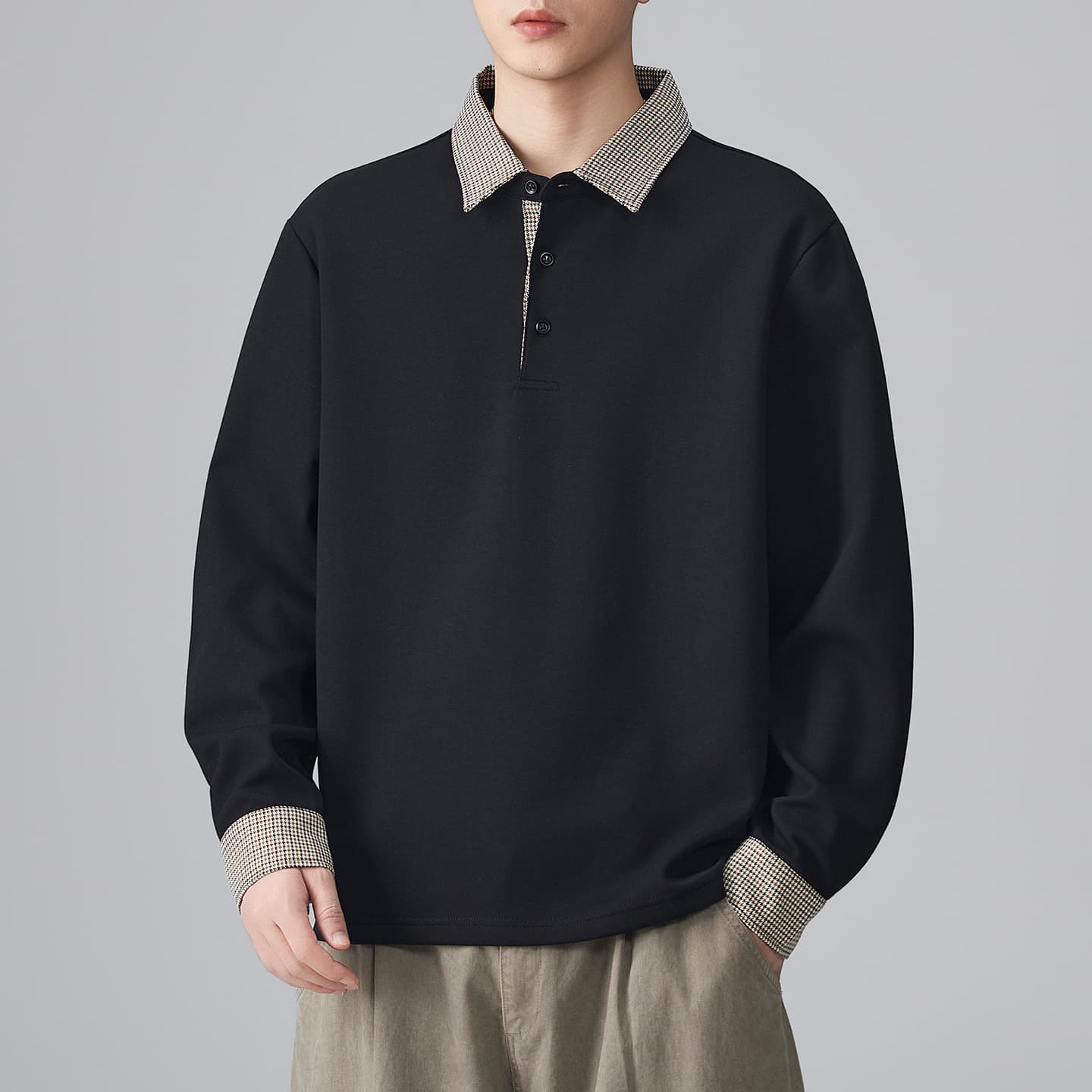 2026 가을 겨울 남성 페이크 레이어드 하운드투스 체크 패치워크 긴팔 POLO 셔츠 티셔츠 수천 마리 곡물 폴로 칼라 맨위