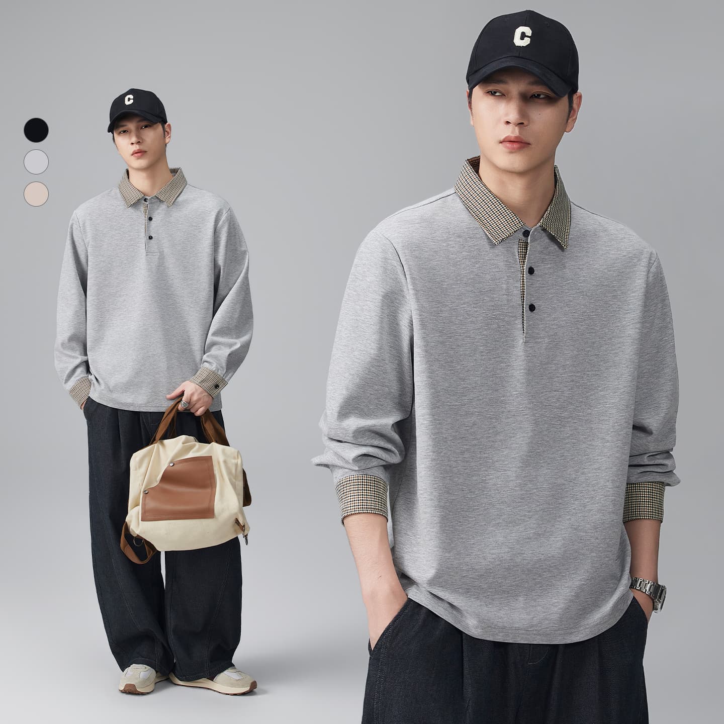 2026 가을 겨울 남성 페이크 레이어드 하운드투스 체크 패치워크 긴팔 POLO 셔츠 티셔츠 수천 마리 곡물 폴로 칼라 맨위 이미지 4