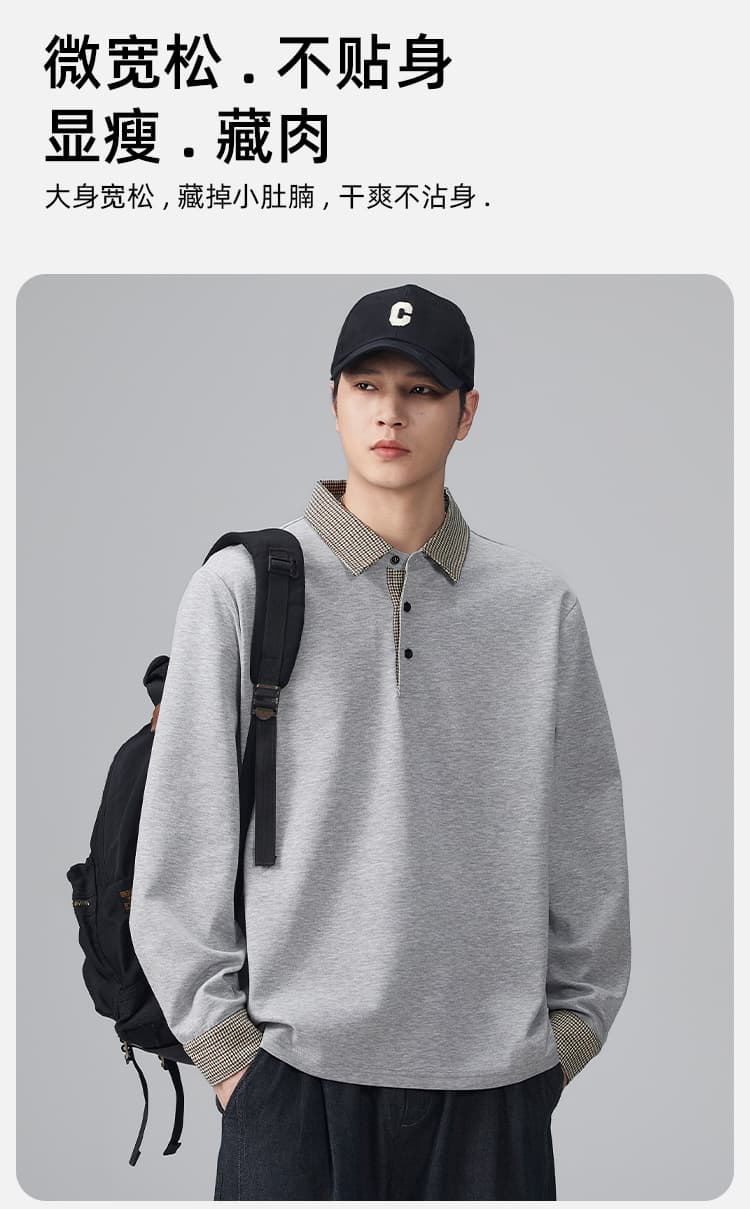 2026 가을 겨울 남성 페이크 레이어드 하운드투스 체크 패치워크 긴팔 POLO 셔츠 티셔츠 수천 마리 곡물 폴로 칼라 맨위 상세 이미지 12