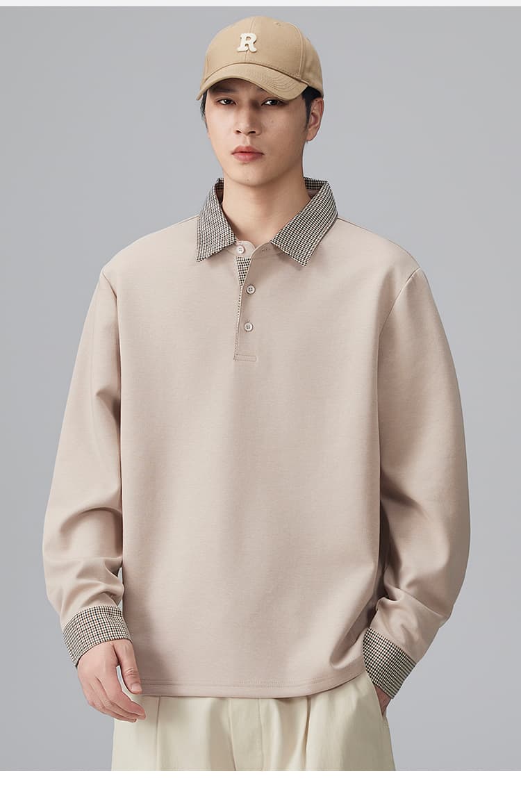 2026 가을 겨울 남성 페이크 레이어드 하운드투스 체크 패치워크 긴팔 POLO 셔츠 티셔츠 수천 마리 곡물 폴로 칼라 맨위 상세 이미지 17