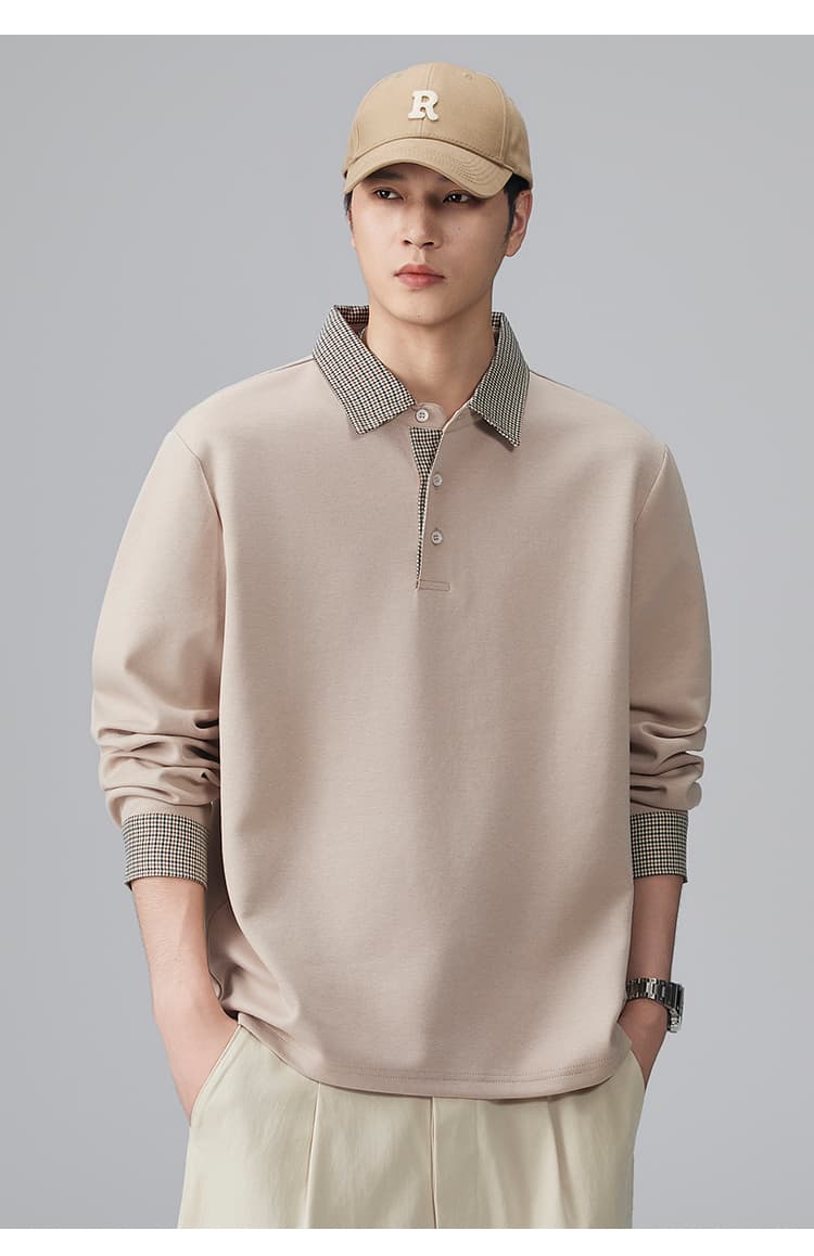 2026 가을 겨울 남성 페이크 레이어드 하운드투스 체크 패치워크 긴팔 POLO 셔츠 티셔츠 수천 마리 곡물 폴로 칼라 맨위 상세 이미지 18