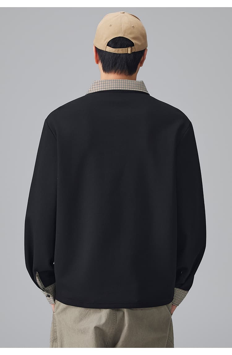 2026 가을 겨울 남성 페이크 레이어드 하운드투스 체크 패치워크 긴팔 POLO 셔츠 티셔츠 수천 마리 곡물 폴로 칼라 맨위 상세 이미지 24