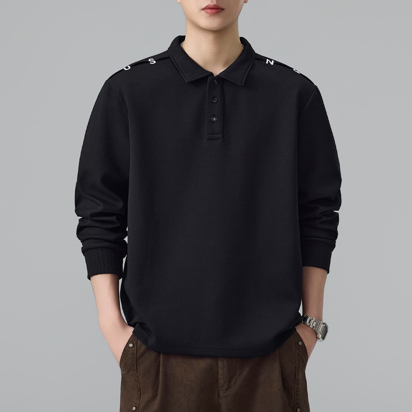 2026 가을 겨울 남성 후드티 폴로 칼라 알파벳 자수 POLO 셔츠 긴팔 티셔츠 자수 폴로 칼라 맨위 이미지 3