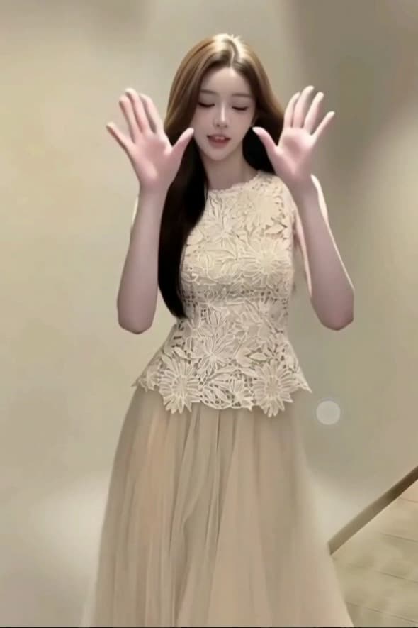 부드러운 바람 민소매 허리 수축 홀로우 아웃 레이스 프로 피부 맨위 도루 센스 망사 반신 치마 세트 여름 이미지 6