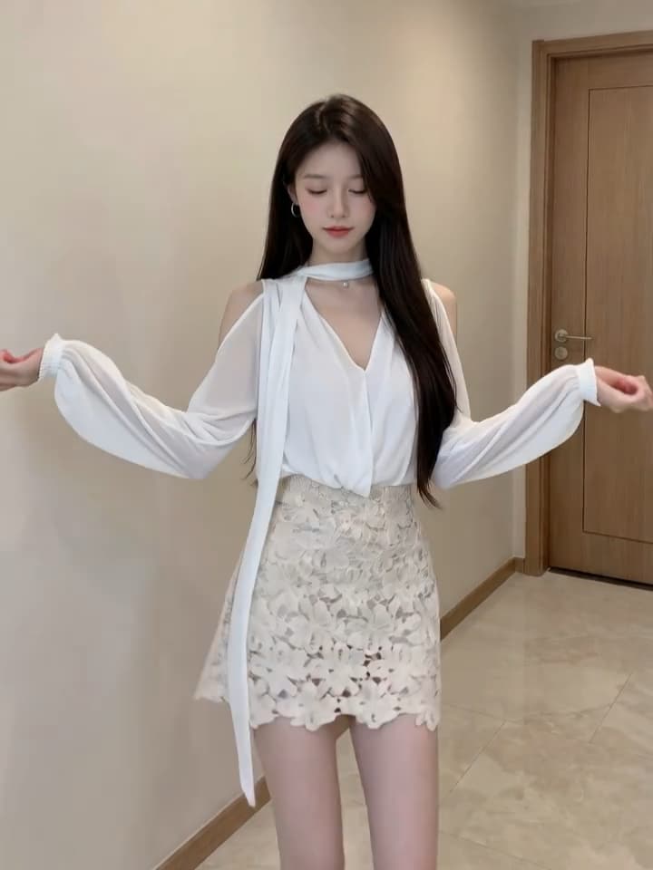 한 부서 고유 한 아름다운 작은 세트 여성 빛 요리 한 바람 순수한 욕망 섹시함 쉬폰 톱 레이스 타이트 스커트 미니 스커트 투피스 세트 이미지 5