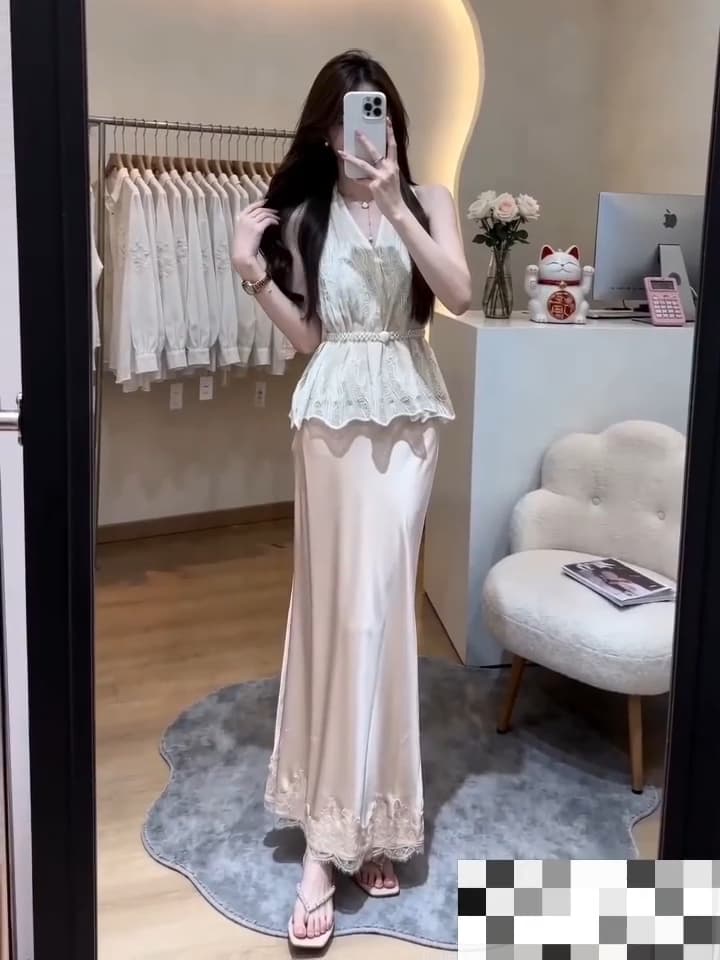 작은 Connaught 나는 프랑스식 행침 목 조끼 V넥 민소매 맨위 광택 인어 꼬리 길다 반 스커트 세트 265382 이미지 2