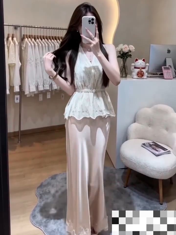 작은 Connaught 나는 프랑스식 행침 목 조끼 V넥 민소매 맨위 광택 인어 꼬리 길다 반 스커트 세트 265382 이미지 3