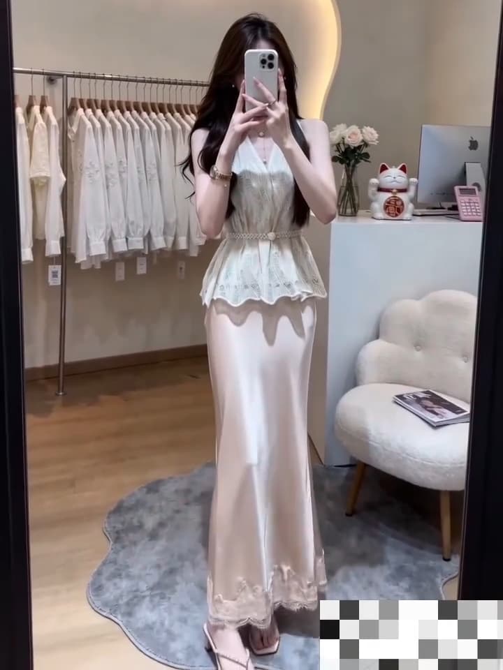 작은 Connaught 나는 프랑스식 행침 목 조끼 V넥 민소매 맨위 광택 인어 꼬리 길다 반 스커트 세트 265382 이미지 4