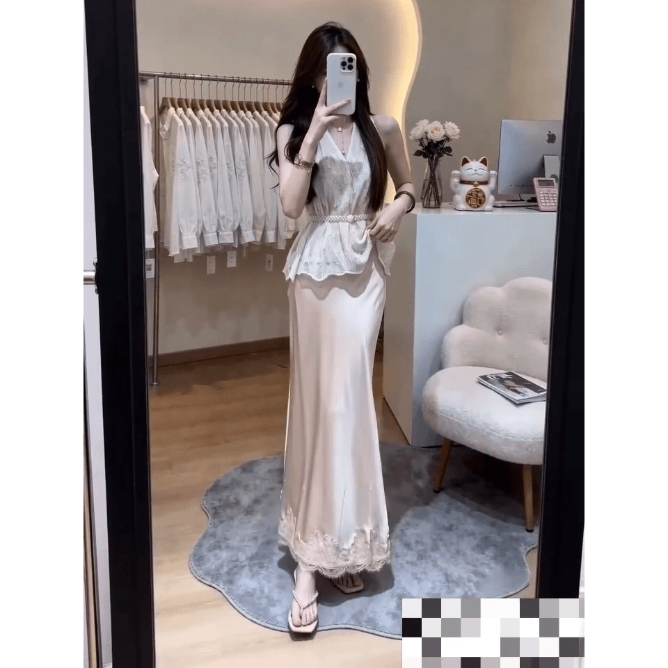 작은 Connaught 나는 프랑스식 행침 목 조끼 V넥 민소매 맨위 광택 인어 꼬리 길다 반 스커트 세트 265382 이미지 6
