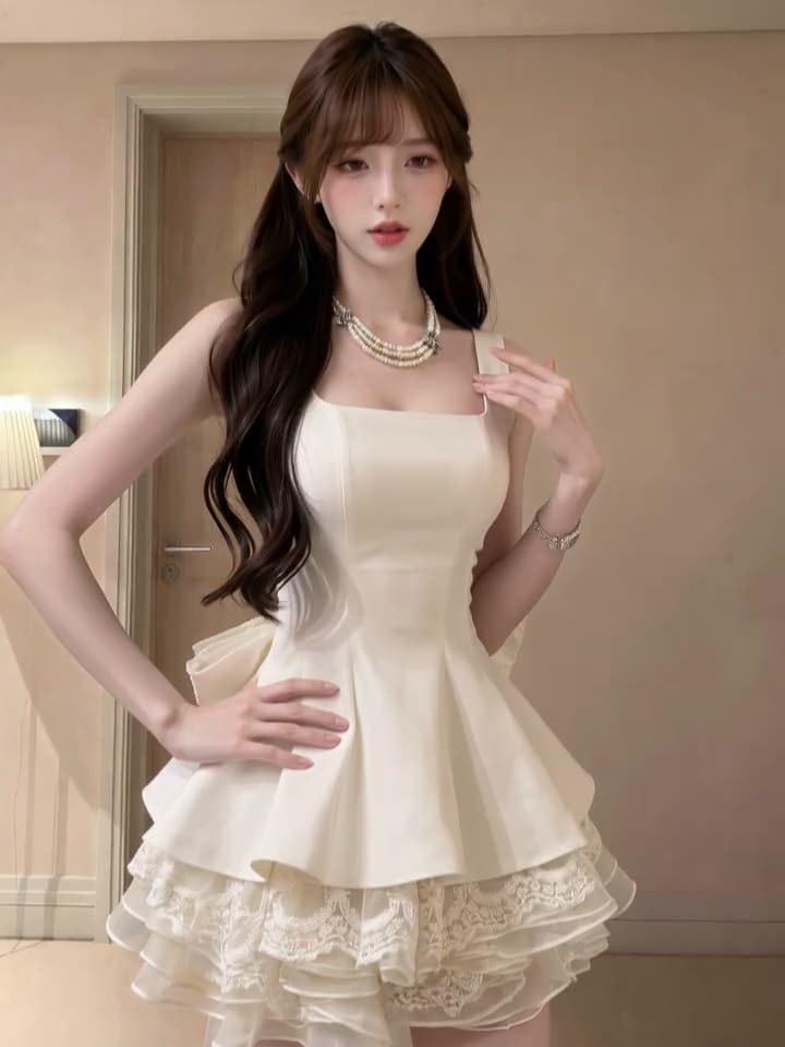 천 금빛 바람 달콤함 미니 스커트 여름 허리 수축 슬림해 보이는 디자인 센스 레이스 조각 뒤로 나비 매듭 민소매 드레스 이미지 2