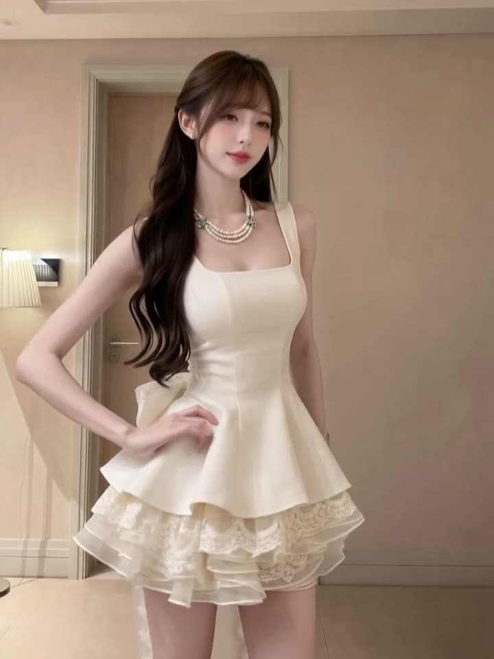 천 금빛 바람 달콤함 미니 스커트 여름 허리 수축 슬림해 보이는 디자인 센스 레이스 조각 뒤로 나비 매듭 민소매 드레스 이미지 3