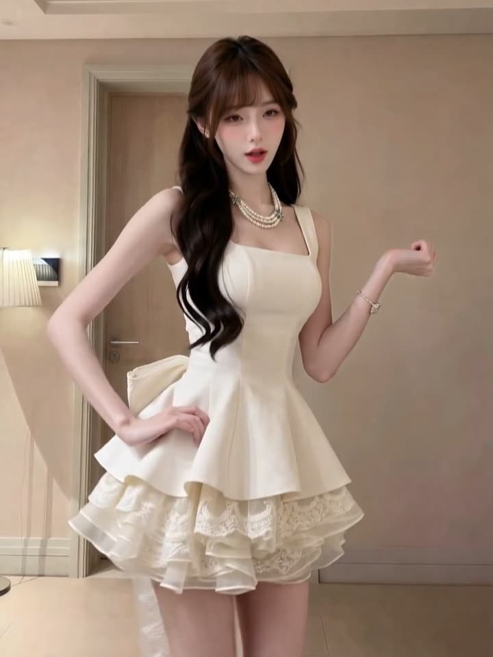 천 금빛 바람 달콤함 미니 스커트 여름 허리 수축 슬림해 보이는 디자인 센스 레이스 조각 뒤로 나비 매듭 민소매 드레스 이미지 4