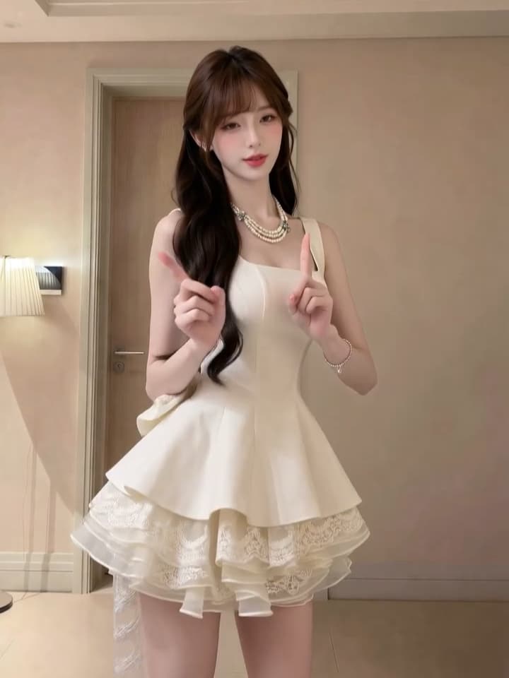 천 금빛 바람 달콤함 미니 스커트 여름 허리 수축 슬림해 보이는 디자인 센스 레이스 조각 뒤로 나비 매듭 민소매 드레스 이미지 5