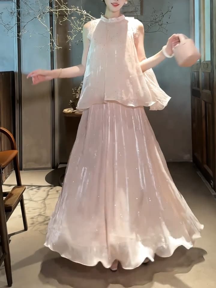 수영하다 사슴 사슴 핫픽스 레이스 조각 요정 가스 민소매 맨위 세트 여성 여름 이후 밴딩 측면 지퍼 반 스커트 투피스 세트 상세 이미지 1