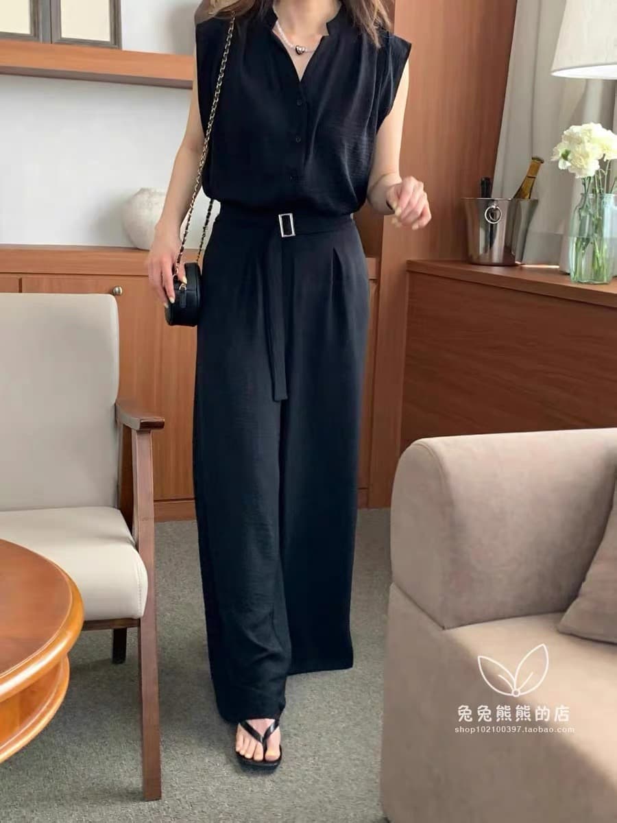 한국 스타일 chic 여름 품격 민소매 조끼 맨위 코디 허리밴드 와이드 레그 팬츠 캐주얼 세트 여성 상세 이미지 7