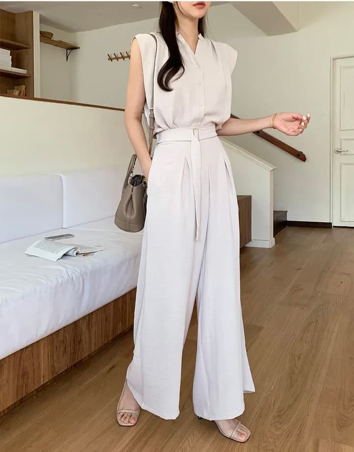 한국 스타일 chic 여름 품격 민소매 조끼 맨위 코디 허리밴드 와이드 레그 팬츠 캐주얼 세트 여성 상세 이미지 9