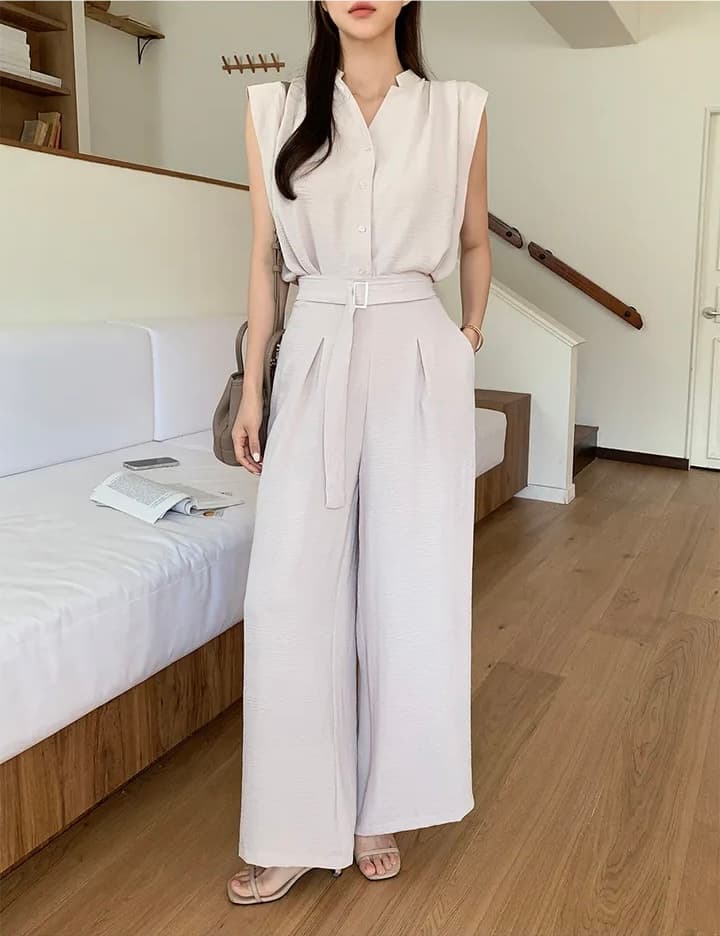 한국 스타일 chic 여름 품격 민소매 조끼 맨위 코디 허리밴드 와이드 레그 팬츠 캐주얼 세트 여성 상세 이미지 10
