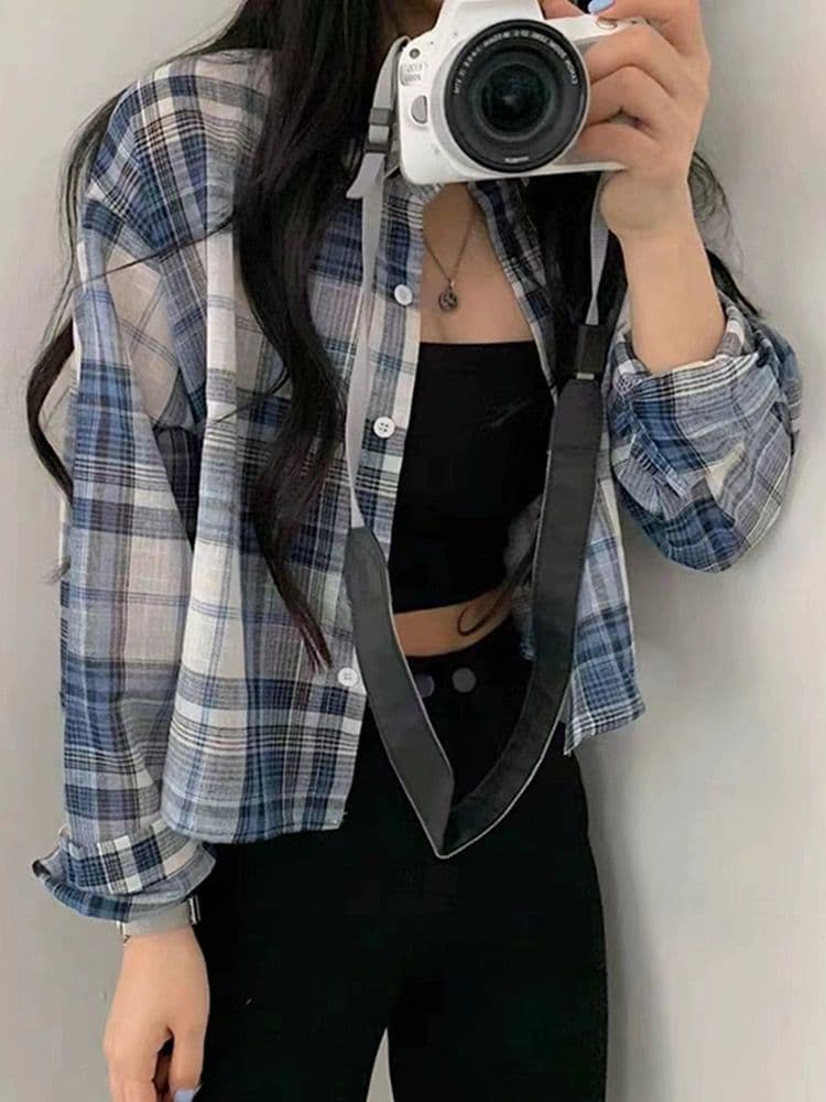 레트로 체크무늬 폴로 칼라 단추 쇼트 스타일 셔츠 루즈핏 캐주얼 다용도 슬림해 보이는 긴팔 자외선 차단 셔츠 상세 이미지 9