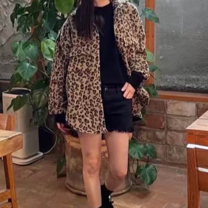 한국 스타일 겨울 차가운 주머니 레오파드 무늬 모직 셔츠 게으른 바람 캐주얼 다용도 셔츠 여성 코트 이미지 4