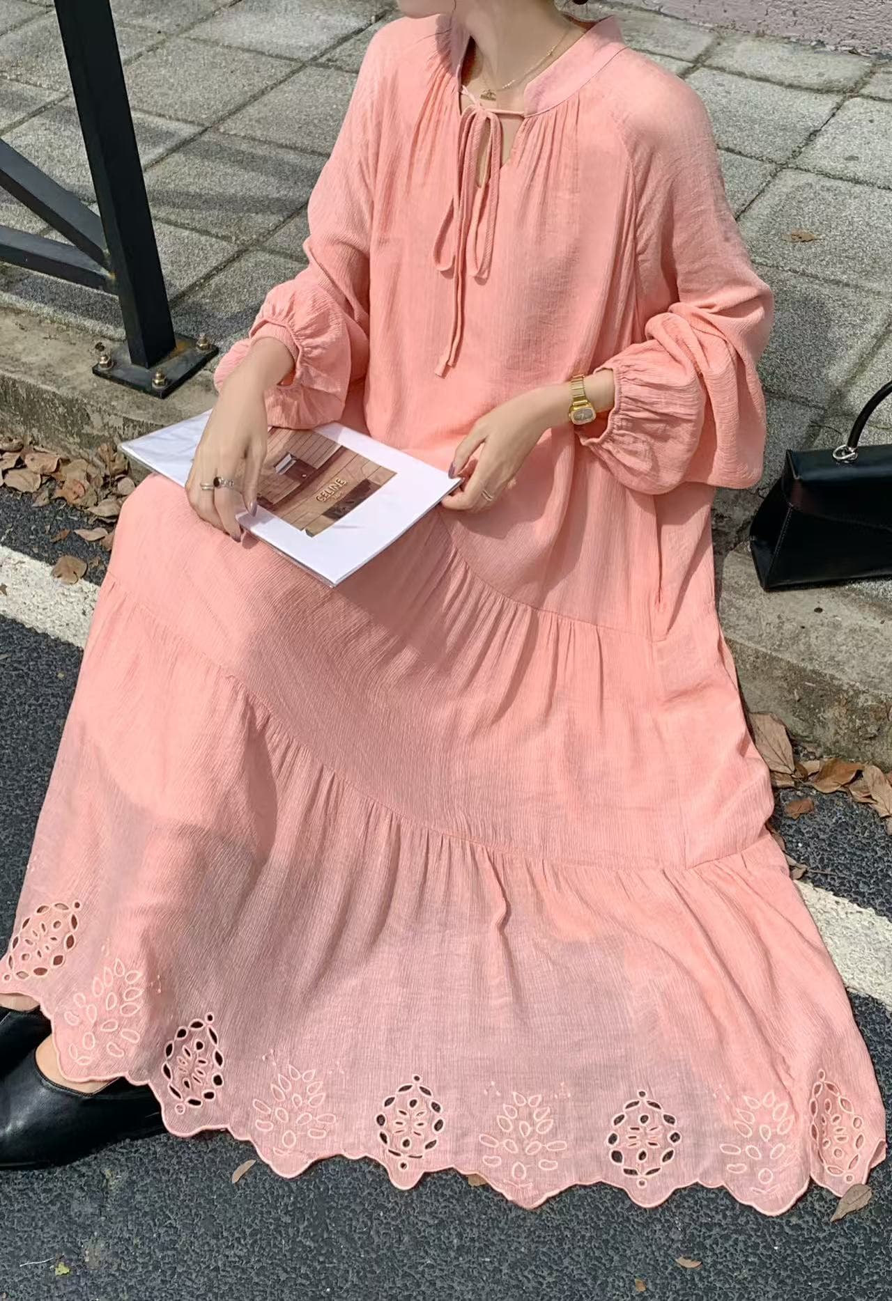 실사 프랑스식 부드러운 바람 품격 레이스업 벌룬 소매 허리 수축 홀로우 아웃 자수 여성 드레스 상세 이미지 12